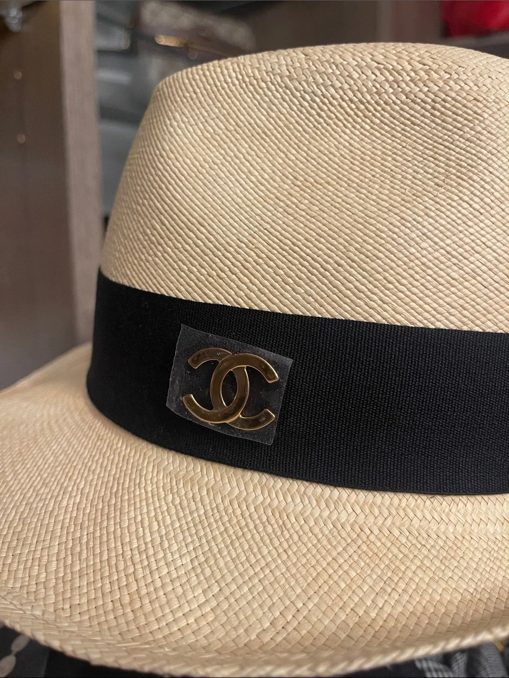 CHANEL Straw Trilby with Black Band and Gold CC Plaque